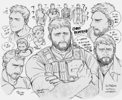 Rule 34 | 1boy, ?, ??, absurdres, age progression, aiming, arm hair, bara, bulletproof vest, character name, chris redfield, closed mouth, coat, crossed arms, english text, facial hair, greyscale, gun, highres, holding, holding gun, holding weapon, large pectorals, male focus, mature male, monochrome, moto23059, muscular, muscular male, pectorals, resident evil, resident evil 1, resident evil 5, resident evil 6, resident evil village, shirt, short hair, smile, translation request, weapon