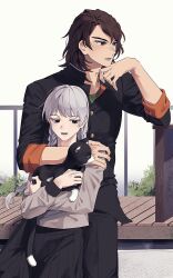 2boys black_cat black_jacket blush braid brown_hair cat couple crossdressing elulit2 gakuran green_undershirt grey_eyes grey_serafuku hand_on_another&#039;s_shoulder hand_on_own_chin highres hijiyama_takatoshi hug hug_from_behind jacket juusan_kihei_bouei_ken male_focus multiple_boys okino_tsukasa school_uniform serafuku size_difference skirt sleeves_rolled_up trap twin_braids white_hair wig yaoi