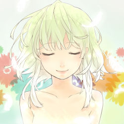 Rule 34 | 1girl, bad id, bad pixiv id, booota, buuta, closed eyes, feathers, flower, green hair, gumi, highres, nude, short hair, smile, solo, vocaloid