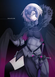 Rule 34 | 1girl, armor, black thighhighs, blonde hair, cape, chain, character name, fate/grand order, fate (series), fur-trimmed cape, fur trim, headpiece, jeanne d&#039;arc (fate), jeanne d&#039;arc alter (avenger) (fate), jeanne d&#039;arc alter (avenger) (first ascension) (fate), jeanne d&#039;arc alter (fate), otori666, short hair, solo, sword, thighhighs, thighs, weapon, yellow eyes