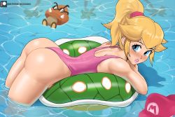 Rule 34 | 1girl, arched back, ass, back, bare shoulders, blonde hair, blue eyes, blush, echo saber, floating, goomba, hairband, hat, highres, legs, looking at viewer, looking away, looking back, mario (series), nintendo, one-piece swimsuit, pink hairband, pink lips, pink one-piece swimsuit, ponytail, pool, princess peach, reflection, shell, shiny skin, sunglasses, super mario sunshine, swimming, swimsuit, thong, water, worried