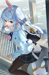 Rule 34 | 1girl, 1other, absurdres, animal ears, bag, black bag, blue bow, blue eyes, bow, bowtie, brown thighhighs, carrot, closed mouth, commentary request, don-chan (usada pekora), door handle, extra ears, from side, hair between eyes, hair strand, hands up, highres, hololive, long hair, long sleeves, looking at viewer, looking to the side, pillar, plaid, plaid bow, plaid bowtie, plaid neckwear, plaid skirt, rabbit ears, rabbit girl, rabbit tail, railing, red eyes, running, scottie (phantom2), shirt, sidelocks, skirt, solo, tail, thighhighs, usada pekora, virtual youtuber, white shirt