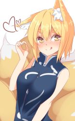 Rule 34 | 1girl, :q, animal ear fluff, animal ears, bad id, bad pixiv id, bare arms, bare shoulders, blonde hair, blue dress, blush, breasts, brown eyes, closed mouth, dress, fox ears, fox girl, fox tail, hair between eyes, hand up, heart, highres, kitsune, medium breasts, nose blush, short eyebrows, simple background, sleeveless, sleeveless dress, smile, solo, tail, thick eyebrows, tongue, tongue out, touhou, white background, yakumo ran, yusake san