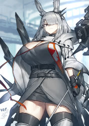 Rule 34 | 1girl, alternate breast size, animal ears, arknights, belt, black belt, black eyes, black gloves, black skirt, black thighhighs, blurry, blurry background, breasts, cleavage, closed mouth, coat, commentary, commission, cowboy shot, curvy, dress, expressionless, frostnova (arknights), gloves, grey coat, grey dress, hair between eyes, hair ornament, hair over one eye, hairclip, headpiece, highres, holding, holding knife, hood, hooded coat, huge breasts, knife, looking at viewer, medium hair, melon22, miniskirt, originium arts (arknights), parted bangs, rabbit ears, reverse grip, scar, scar on face, scar on nose, silver hair, skeb commission, skirt, solo, standing, thighhighs, thighs, translated, turtleneck