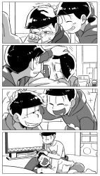 Rule 34 | 10s, 4koma, 5boys, brothers, comic, crying, crying with eyes open, drunk, dvd player, closed eyes, greyscale, heart, heart in mouth, indoors, jitome, lap pillow, looking at another, male focus, matsuno choromatsu, matsuno ichimatsu, matsuno jyushimatsu, matsuno karamatsu, matsuno osomatsu, messy hair, monochrome, multiple boys, open mouth, osomatsu-kun, osomatsu-san, headpat, shorts, siblings, sitting, sleeves past wrists, smile, socks, sweatdrop, tears, teeth, television