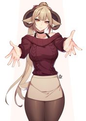 Rule 34 | 1girl, animal ears, aran sweater, bare shoulders, black choker, bra strap, brown pantyhose, brown skirt, cable knit, choker, closed mouth, commission, distr, enna (deadthingyz), enna (deadthingyz), goat ears, goat horns, goat tail, head tilt, highres, horns, incoming hug, long hair, long sleeves, looking at viewer, miniskirt, off-shoulder sweater, off shoulder, orange eyes, original, pantyhose, reaching, reaching towards viewer, red sweater, signature, skirt, smile, solo, standing, sweater, tail, very long hair