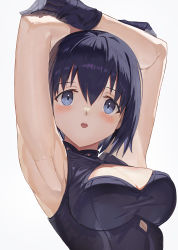 Rule 34 | 1girl, absurdres, armpits, arms up, black gloves, black hair, blue eyes, breasts, ciel (tsukihime), cleavage, cleavage cutout, clothing cutout, gloves, hair between eyes, highres, open mouth, presenting armpit, ryes 8, simple background, solo, teeth, tongue, tsukihime, upper body, upper teeth only, white background