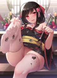 Rule 34 | 1girl, ahoge, bare shoulders, black hair, black kimono, blurry, blurry background, blush, body writing, collarbone, commentary request, convenient leg, feet, floral print, hair ornament, hair ribbon, hair tie, highres, holding, holding paintbrush, japanese clothes, kimono, leg up, looking at viewer, medium hair, new year, no panties, no shoes, obi, off shoulder, open mouth, original, paintbrush, print kimono, purple eyes, reclining, red ribbon, ribbon, ribbon-trimmed legwear, ribbon trim, sash, sitting, soles, solo, sweat, teeth, thighhighs, toes, toyosaki shu, upper teeth only, white thighhighs, wide sleeves, writing