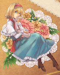 Rule 34 | 1girl, alice margatroid, blonde hair, blue eyes, boots, capelet, carnation, cross-laced footwear, disembodied hand, doily, doll joints, female focus, floral background, flower, hairband, joints, lace-up boots, lace background, looking at viewer, mini person, minigirl, nakatani, napkin, pantyhose, rose, short hair, solo, touhou, yellow flower, yellow rose