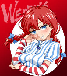 Rule 34 | 1girl, blue eyes, blush, braid, freckles, funnyari, half-closed eyes, product girl, red background, red hair, shirt, smug, striped clothes, striped shirt, striped sleeves, twin braids, vertical stripes, wendy&#039;s, wendy (wendy&#039;s), white background