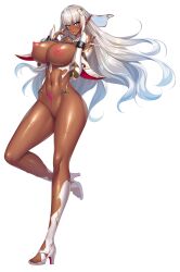 Rule 34 | 1girl, absurdres, aoi nagisa (metalder), ass, bare legs, bare shoulders, blue eyes, blush, breasts, breasts out, chain, cleavage, curvy, dark-skinned female, dark elf, dark skin, eleonor (taimanin rpgx), elf, embarrassed, fingerless gloves, full body, game cg, gloves, green eyes, highres, huge breasts, leotard, lilith-soft, long hair, navel, nipples, nude, official art, pointy ears, pubic tattoo, puffy nipples, revealing clothes, see-through, see-through leotard, shiny skin, smile, solo, taimanin (series), taimanin rpgx, tattoo, torn clothes, torn leotard, very long hair, wardrobe malfunction, white hair, white leotard, wide hips