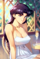 Rule 34 | 1girl, black hair, blue sky, breasts, brown eyes, chair, champagne flute, cleavage, cloud, cloudy sky, cup, dress, drinking glass, highres, katsuragi misato, large breasts, leaf, long hair, looking at viewer, neon genesis evangelion, optionaltypo, parted bangs, plant, shadow, signature, sitting, sky, solo, table, teeth, upper teeth only, white dress