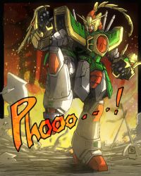 Rule 34 | absurdres, commentary request, dragon gundam, embers, fighting stance, g gundam, green eyes, gundam, highres, leg up, mecha, mobile suit, moyan, no humans, procreate (medium), robot, science fiction, smoke, solo, sound effects, standing, standing on one leg, super robot, v-fin