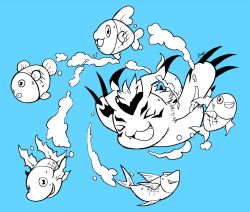 Rule 34 | bubble, claws, digimon, closed eyes, fangs, fish, gomamon, smile, underwear