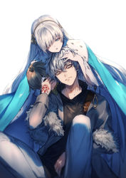 Rule 34 | 1boy, 1girl, anastasia (fate), black shirt, blue cape, blue eyes, cape, command spell, commentary request, earrings, fate/grand order, fate (series), genyaky, grey hair, grey jacket, grey pants, highres, jacket, jewelry, kadoc zemlupus, long hair, long sleeves, pants, parted lips, piercing, shirt, simple background, sitting, white background, white hair, yellow eyes