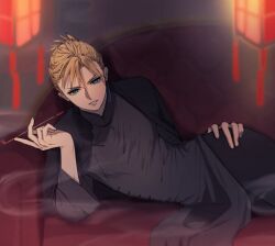 Rule 34 | 1boy, ah yoshimizu, alternate costume, alternate universe, black pants, black robe, blonde hair, blue eyes, chinese clothes, cloud strife, commentary, couch, elbow rest, final fantasy, final fantasy vii, hair bun, hand on own hip, hand up, highres, holding, holding smoking pipe, indoors, lantern, long sleeves, looking at viewer, lying, male focus, night, on couch, on side, opium pipe, pants, paper lantern, parted lips, robe, serious, short hair, smoke, smoking pipe, solo, upper body, wide sleeves