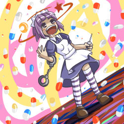Rule 34 | 1girl, abstract background, bad id, bad pixiv id, cuffs, drooling, drugs, dutch angle, futaba channel, handcuffs, lowres, maid, nijiura maids, open mouth, pill, purple hair, saliva, short hair, solo, striped clothes, striped thighhighs, syringe, thighhighs, yakui
