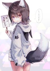 Rule 34 | 1girl, :q, animal ear fluff, animal ears, animal hood, bad id, bad pixiv id, commentary request, drawstring, hair between eyes, heterochromia, highres, hood, hood down, hoodie, long sleeves, mask, mask pull, mouth mask, no pants, original, placard, purple eyes, red eyes, rucaco, short hair, sign, sleeves past wrists, solo, surgical mask, tail, tongue, tongue out, translation request, wolf ears, wolf tail