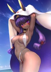 Rule 34 | 1girl, absurdres, animal ears, armpits, arms up, blue sky, blush, breasts, cloud, commentary, dark-skinned female, dark skin, day, facial mark, fate/grand order, fate (series), highleg, highleg swimsuit, highres, jackal ears, large breasts, long hair, looking at viewer, navel, nitocris (fate), nitocris (fate/grand order), nitocris (swimsuit assassin) (fate), outdoors, purple eyes, purple hair, sky, smile, solo, swimsuit, thighs, try (lsc), water, wet