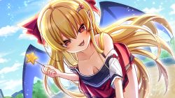 Rule 34 | adapted costume, bare shoulders, bat wings, beach, black bra, black shirt, black wings, blonde hair, bra, breasts, breasts apart, cleavage, collarbone, elis (touhou), fangs, hair ornament, hairpin, highres, leaning forward, long hair, miniskirt, naughty face, off-shoulder shirt, off shoulder, open mouth, red eyes, red skirt, sea scorpion (umisasori), shirt, skirt, small breasts, star (symbol), star wand, symbol-only commentary, touhou, touhou (pc-98), underwear, very long hair, wand, wings
