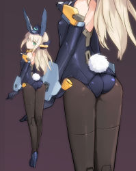 Rule 34 | 10s, 1girl, ass, baselard, black pantyhose, blonde hair, doll joints, elbow gloves, flat ass, frame arms girl, gloves, gradient background, green eyes, headgear, high heels, joints, long hair, looking at viewer, lowres, mecha musume, pantyhose, rabbit tail, shimada fumikane, simple background, solo, tail