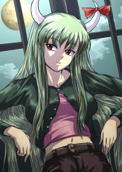 Rule 34 | 1girl, alternate costume, breasts, casual, contemporary, ex-keine, female focus, green hair, horn ornament, horn ribbon, horns, indoors, kamishirasawa keine, long hair, moon, navel, red eyes, ribbon, sky, solo, touhou