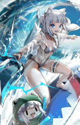 Rule 34 | 1girl, alternate costume, animal ear fluff, animal ears, bare legs, barefoot, bikini, blue bikini, blue choker, blue eyes, blue hair, blunt bangs, blush, breasts, cat ears, chibi, choker, cleavage, commentary, dinosaur costume, eyelashes, fins, fish tail, full body, gawr gura, glowstick, grey hair, hair ornament, haowei wu, highres, holding, holding glowstick, holding trident, holding weapon, hololive, hololive english, jacket, jewelry, kemonomimi mode, legs apart, long sleeves, looking at viewer, medium hair, multicolored hair, navel, open clothes, open jacket, open mouth, outstretched arms, pendant, polearm, see-through, see-through jacket, see-through sleeves, shark girl, shark hair ornament, shark print, shark tail, sharp teeth, short twintails, small breasts, smile, smol gura, standing, stomach, streaked hair, surfboard, surfing, swimsuit, tail, teeth, thigh strap, trident, twintails, two-tone hair, two side up, upper teeth only, v-shaped eyebrows, virtual youtuber, water, waves, weapon, white jacket
