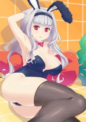 Rule 34 | 1girl, :o, animal ears, arm up, armpits, black thighhighs, bow, bowtie, breasts, carrot, cleavage, detached collar, fake animal ears, fishnet thighhighs, fishnets, hairband, hand in own hair, idolmaster, idolmaster (classic), large breasts, leotard, long hair, looking at viewer, lying, on side, pink bow, pink bowtie, playboy bunny, rabbit ears, rabbit tail, red eyes, shijou takane, shougi (116), silver hair, skindentation, solo, tail, teeth, thighhighs, tile floor, tile wall, tiles, unmoving pattern, wavy hair, wrist cuffs