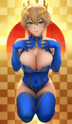 Rule 34 | 1girl, ahoge, aqua eyes, artoria pendragon (fate), artoria pendragon (lancer) (fate), bare shoulders, blonde hair, blue gloves, blue leotard, blue thighhighs, breasts, checkered background, cleavage, cleavage cutout, clothing cutout, commentary request, covered navel, cross, crown, elbow gloves, fate/grand order, fate (series), full body, gloves, gradient background, groin, hair between eyes, hands on own chest, highres, large breasts, leotard, looking at viewer, parted lips, pink lips, rising sun flag, seiza, short hair with long locks, sidelocks, sitting, smile, solo, sunburst, thighhighs, yamaneko (tkdrumsco)