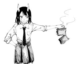 Rule 34 | 1girl, aoki ruri, breast pocket, burnt, gauze, greyscale, hand on own hip, hatching (texture), highres, horns, looking to the side, masruu, monochrome, necktie, pleated skirt, pocket, ruri dragon, skirt, sleeves rolled up, smoke, solo, swept bangs