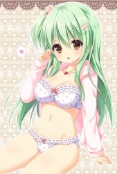 Rule 34 | 1girl, blush, bra, breasts, brown eyes, cleavage, collarbone, frilled bra, frilled panties, frills, green hair, hair between eyes, hair ornament, hairclip, heart, heart background, heart necklace, heart panties, heart print, highres, hip focus, hood, hoodie, jewelry, lace background, large breasts, long hair, looking at viewer, loungewear, nagisa rio, navel, necklace, one side up, open clothes, open hoodie, open mouth, original, panties, print panties, sitting, smile, solo, spoken heart, thighs, underwear, white bra, white panties