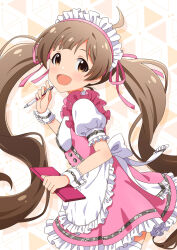 Rule 34 | 1girl, :d, ahoge, apron, back bow, blush, book, bow, breasts, brown background, brown eyes, brown hair, commentary request, cowboy shot, dress, frilled apron, frilled dress, frilled hairband, frilled wrist cuffs, frills, from side, goma konbu, hair ribbon, hairband, hakozaki serika, hand up, highres, holding, holding book, holding pen, idolmaster, idolmaster million live!, idolmaster million live! theater days, long hair, looking at viewer, looking to the side, multicolored background, multicolored clothes, multicolored dress, open mouth, pen, petticoat, pink dress, pink hairband, pink ribbon, plaid, puffy short sleeves, puffy sleeves, raised eyebrows, ribbon, short sleeves, small breasts, smile, solo, swept bangs, tareme, thighhighs, triangle background, turning head, twintails, underbust, very long hair, waist apron, white apron, white background, white dress, white ribbon, white thighhighs, white wrist cuffs, wrist cuffs