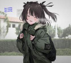 Rule 34 | 1girl, absurdres, backpack, bad id, bad twitter id, bag, black sweater, blurry, blurry background, blush, breath, brown hair, closed eyes, fur-trimmed jacket, fur trim, gishiki (gshk), green jacket, hair ribbon, highres, jacket, long sleeves, medium hair, open mouth, original, outdoors, ribbed sweater, ribbon, solo, sweater, two side up