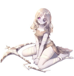 Rule 34 | 1girl, bandaged arm, bandaged leg, bandages, barefoot, between legs, black sclera, blush, broken, brown skirt, brown tank top, button eyes, buttons, collarbone, colored sclera, commentary request, crying, crying with eyes open, follower (identity v), full body, grey hair, grey skirt, hand between legs, identity v, long hair, parted lips, pickaxe, purple eyes, shadow, signature, sitting, skirt, solo, strap slip, tank top, tears, tempy (rinsia), wariza, white background