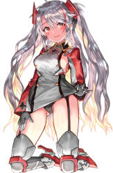 Rule 34 | 1girl, armored boots, asymmetrical bangs, azur lane, black gloves, black panties, blush, boots, breasts, cross, denchu (kazudentyu), dress, full body, garter straps, gloves, headpiece, highres, iron cross, kneeling, long hair, long sleeves, looking at viewer, medium breasts, military, military uniform, multicolored hair, open mouth, panties, pantyshot, prinz eugen (azur lane), red eyes, red hair, short dress, sideboob, silver hair, simple background, smile, solo, thigh boots, thighhighs, twintails, two-tone hair, two side up, underwear, uniform, white background