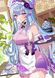 1girl absurdres apron bell blue_hair breasts commentary_request cowboy_shot genshin_impact highres holding holding_plate japanese_clothes kimono long_hair maid_apron maid_headdress medium_breasts motsunuki neck_bell plant plate pointy_ears purple_eyes purple_kimono sideboob solo thighs very_long_hair yumemizuki_mizuki