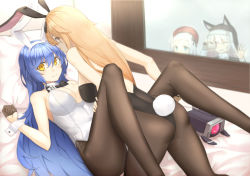 Rule 34 | 4girls, ;d, all fours, animal ears, ass, beret, black legwear, blonde hair, blue eyes, blue hair, blush, breasts, camcorder, closed mouth, dinergate (girls&#039; frontline), fake animal ears, girls&#039; frontline, hat, highres, indoors, knees up, large breasts, leotard, looking at viewer, looking back, lying, m1918 (bunny girl) (girls&#039; frontline), m1918 (girls&#039; frontline), mag (mag42), mp5 (girls&#039; frontline), multiple girls, nun, official alternate costume, on back, on bed, one eye closed, open mouth, p7 (girls&#039; frontline), pantyhose, playboy bunny, purple eyes, rabbit ears, rabbit tail, smile, tail, tar-21 (girls&#039; frontline), tar-21 (night at the bar) (girls&#039; frontline), thighs, veil, video camera, white hair, white leotard, window, yellow eyes, yuri
