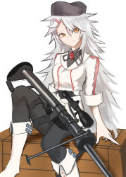 Rule 34 | 1girl, anti-materiel rifle, black headwear, black pantyhose, black shirt, boots, breasts, brown eyes, closed mouth, gepard m1, gepard m1 (girls&#039; frontline), girls&#039; frontline, gun, highres, holding, holding weapon, jacket, long hair, looking at viewer, pantyhose, rifle, saturndxy, shirt, sitting, small breasts, sniper rifle, solo, unhappy, weapon, white background, white footwear, white hair, white jacket