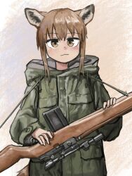 Rule 34 | 1girl, abstract background, absurdres, animal ears, fox ears, fox girl, fox girl (yihan1949), fox tail, gun, highres, holding, holding weapon, looking at viewer, military uniform, original, rifle, scope, sniper rifle, solo, standing, tail, uniform, weapon, yihan1949