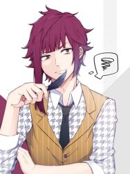 Rule 34 | 1boy, a3!, arisugawa homare, asymmetrical hair, bad id, bad twitter id, feathers, houndstooth, looking up, male focus, multicolored background, necktie, pinstripe pattern, purple hair, quill, spoken squiggle, squiggle, striped, thinking, waistcoat