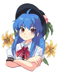 Rule 34 | 1girl, ahoge, black headwear, blue hair, bow, bowtie, closed mouth, collared shirt, commentary request, cropped torso, crossed arms, flower, highres, hinanawi tenshi, leaf, long hair, peach hat ornament, plus2sf, puffy short sleeves, puffy sleeves, red bow, red bowtie, red eyes, shirt, short sleeves, sidelocks, simple background, solo, touhou, very long hair, white background, white shirt, yellow flower