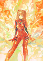 Rule 34 | 1girl, :&lt;, artist request, blue eyes, bodysuit, breasts, brown hair, curvy, glowing, highres, interface headset, invisible chair, long hair, looking at viewer, medium breasts, neon genesis evangelion, plugsuit, red bodysuit, shiny clothes, simple background, sitting, skin tight, solo, souryuu asuka langley, twintails, two side up, very long hair, wide hips
