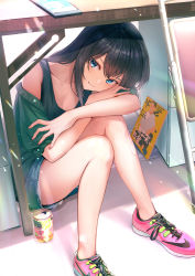 Rule 34 | 1girl, bare arms, bare legs, bare shoulders, black hair, blue eyes, can, cellphone, collarbone, commentary request, drink can, green shirt, head rest, kagawa ichigo, knees up, long hair, looking at viewer, magazine (object), nike (company), off shoulder, original, phone, shirt, shoes, sitting, sleeveless, sleeveless shirt, smartphone, smile, sneakers, soda can, solo, sunlight, tank top, thighs