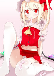 Rule 34 | 1girl, absurdres, arm support, ascot, blush, condom, condom in mouth, cum, cum on body, flandre scarlet, hat, highres, looking at viewer, midriff, mouth hold, multiple condoms, navel, non-web source, oouso, panties, pantyshot, red eyes, scan, side ponytail, sitting, skirt, skirt set, slit pupils, solo, thighhighs, touhou, underwear, upskirt, used condom, white panties, white thighhighs, wings