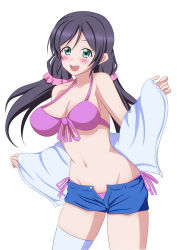 1girl bikini black_hair blue_eyes blue_shorts blush breasts cleavage collarbone gedooman large_breasts long_hair looking_at_viewer love_live! love_live!_school_idol_festival low_twintails navel open_clothes open_mouth open_shirt purple_bikini shirt short_shorts shorts side-tie_bikini_bottom smile standing swimsuit teeth thighhighs tojo_nozomi twintails undressing white_background white_shirt white_thighhighs