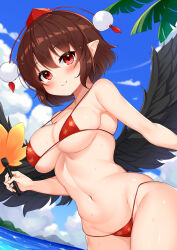 Rule 34 | 1girl, bikini, bird wings, black wings, blue sky, blush, breasts, brown hair, cleavage, closed mouth, cloud, daichi (tokoya), groin, hand fan, hat, hauchiwa, highres, holding, holding fan, large breasts, looking at viewer, micro bikini, navel, outdoors, pointy ears, pom pom (clothes), red bikini, red eyes, red hat, shameimaru aya, short hair, sky, smile, solo, swimsuit, tokin hat, touhou, wings