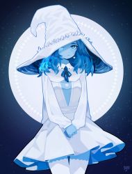 Rule 34 | 1girl, absurdres, blue eyes, blue hair, blue skin, blue theme, closed mouth, colored skin, covered face, cowboy shot, cracked skin, dress, elden ring, hat, highres, jewelry, long sleeves, looking at viewer, milkytiddyboy, one eye closed, ranni the witch, ring, solo, star (sky), thighhighs, white dress, white hat, white thighhighs, witch hat
