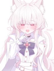 Rule 34 | 1girl, akira (blue archive), animal ear fluff, animal ears, belt, black bow, black bowtie, black choker, blue archive, blush, bow, bowtie, cat ears, cat tail, choker, coat, coat on shoulders, halo, highres, long hair, long sleeves, looking at viewer, open mouth, pink halo, red eyes, shirt, simple background, smile, solo, tail, tkugane, upper body, white background, white belt, white coat, white hair, white shirt