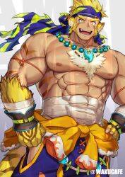 Rule 34 | 1boy, :p, abs, animal ears, animal hands, another eidos-r, armlet, bandaged arm, bandages, bara, beard stubble, blonde hair, blue pants, chest tuft, clothing cutout, covered abs, cowboy shot, facial hair, fangs, flame print, furry, furry male, hand on own hip, headband, highres, jewelry, large pectorals, looking at viewer, magatama, magatama necklace, male focus, midriff sarashi, muscular, muscular male, mutton chops, necklace, nipples, open mouth, pants, pectorals, pugi (another eidos), sample watermark, sarashi, solo, stubble, tail, thick arms, thick eyebrows, thigh cutout, tiger boy, tiger ears, tiger stripes, tiger tail, tongue, tongue out, topless male, twitter username, waku (ayamix), watermark, yellow eyes