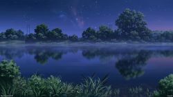 Rule 34 | artist name, bush, copyright name, copyright request, grass, highres, lake, landscape, nature, night, night sky, no humans, power lines, reflection, reflective water, sky, star (sky), tree, troncill, water